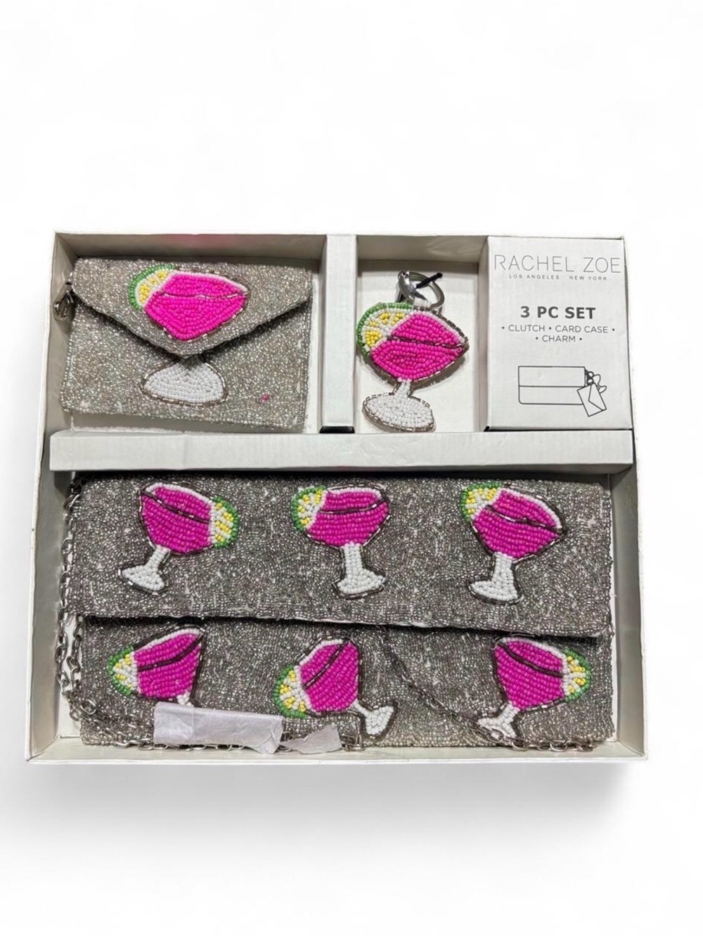NIB Rachel Zoe Margarita Silver Beaded Clutch Set with Pink Cocktail Glam Y2K